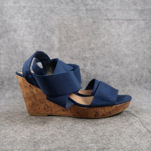 American Eagle Shoes Womens 9 Sandals Wedge Elastic Strap Open Toe Blue Platform - Picture 1 of 12